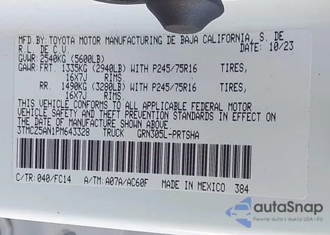 2023 Toyota Tacoma Sr5 V6 из США, поврежденный, VIN 3TMCZ5AN1PM643328